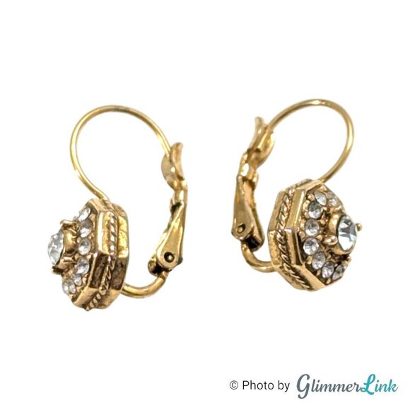 Octagonal Clear Rhinestone Leverback Gold Tone Drop Earrings - Picture 5 of 11